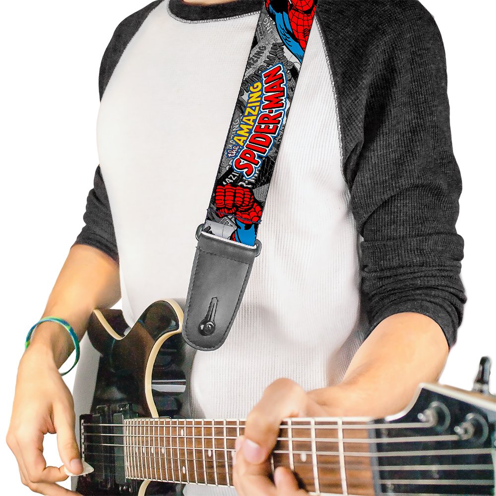 Buckle-Down Guitar Strap - THE AMAZING SPIDER-MAN Stacked Comic Books/Action Poses - 2" Wide - 29-54" Length