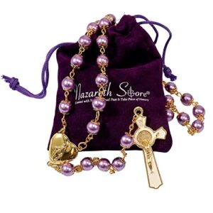 Nazareth Store Purple Pearl 8mm Beads Rosary Necklace Gold Prayer Chaplet with Miraculous Open Up Locket Centerpiece Medal and White Enamel Cross