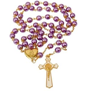 Nazareth Store Purple Pearl 8mm Beads Rosary Necklace Gold Prayer Chaplet with Miraculous Open Up Locket Centerpiece Medal and White Enamel Cross