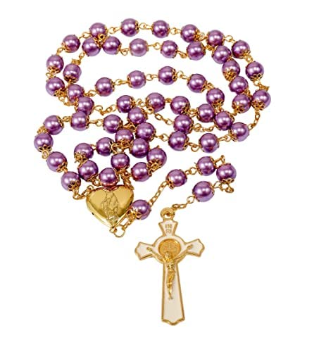 Nazareth Store Purple Pearl 8mm Beads Rosary Necklace Gold Prayer Chaplet with Miraculous Open Up Locket Centerpiece Medal and White Enamel Cross