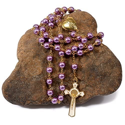 Nazareth Store Purple Pearl 8mm Beads Rosary Necklace Gold Prayer Chaplet with Miraculous Open Up Locket Centerpiece Medal and White Enamel Cross