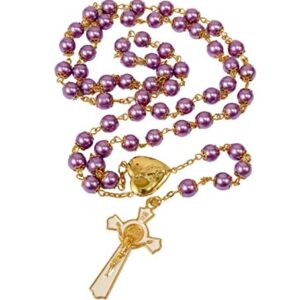 Nazareth Store Purple Pearl 8mm Beads Rosary Necklace Gold Prayer Chaplet with Miraculous Open Up Locket Centerpiece Medal and White Enamel Cross