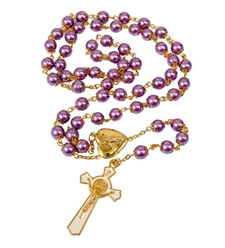 Nazareth Store Purple Pearl 8mm Beads Rosary Necklace Gold Prayer Chaplet with Miraculous Open Up Locket Centerpiece Medal and White Enamel Cross