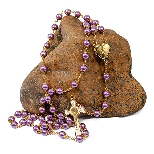 Nazareth Store Purple Pearl 8mm Beads Rosary Necklace Gold Prayer Chaplet with Miraculous Open Up Locket Centerpiece Medal and White Enamel Cross