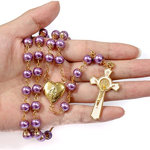 Nazareth Store Purple Pearl 8mm Beads Rosary Necklace Gold Prayer Chaplet with Miraculous Open Up Locket Centerpiece Medal and White Enamel Cross