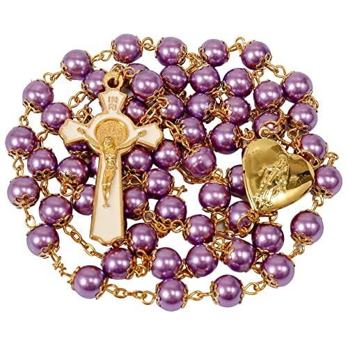 Nazareth Store Purple Pearl 8mm Beads Rosary Necklace Gold Prayer Chaplet with Miraculous Open Up Locket Centerpiece Medal and White Enamel Cross