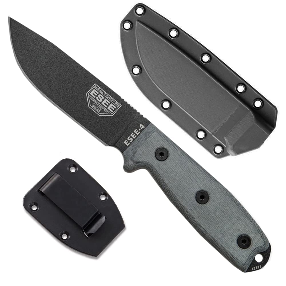 ESEE 4P Survival Knife – Field Tested Fixed Blade Knife with Molded Polymer Sheath & Clip Plate, Full Tang, Plain Edge – Durable Fixed Blade Knife with Sheath for Survival