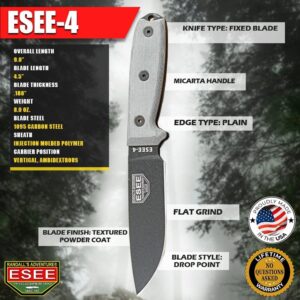 ESEE 4P Survival Knife – Field Tested Fixed Blade Knife with Molded Polymer Sheath & Clip Plate, Full Tang, Plain Edge – Durable Fixed Blade Knife with Sheath for Survival