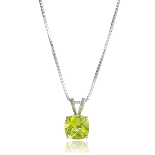 MAX + STONE 925 Sterling Silver 6mm Cushion Cut August Birthstone Peridot Solitaire Pendant Necklace for Women with 18 inch Box Chain