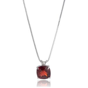 MAX + STONE 925 Sterling Silver 8mm Cushion Cut January Birthstone Garnet Solitaire Pendant Necklace for Women with 18 inch Box Chain