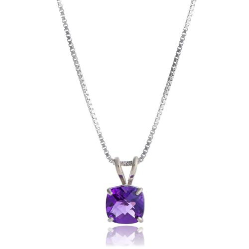 MAX + STONE 925 Sterling Silver 6mm Cushion Cut February Birthstone Amethyst Solitaire Pendant Necklace for Women with 18 inch Box Chain