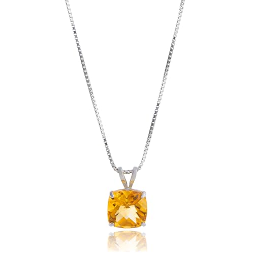 MAX + STONE 925 Sterling Silver 8mm Cushion Cut November Birthstone Citrine Solitaire Pendant Necklace for Women with 18 inch Box Chain