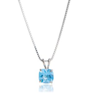 MAX + STONE 925 Sterling Silver 6mm Cushion Cut December Birthstone Swiss Blue Topaz Solitaire Pendant Necklace for Women with 18 inch Box Chain