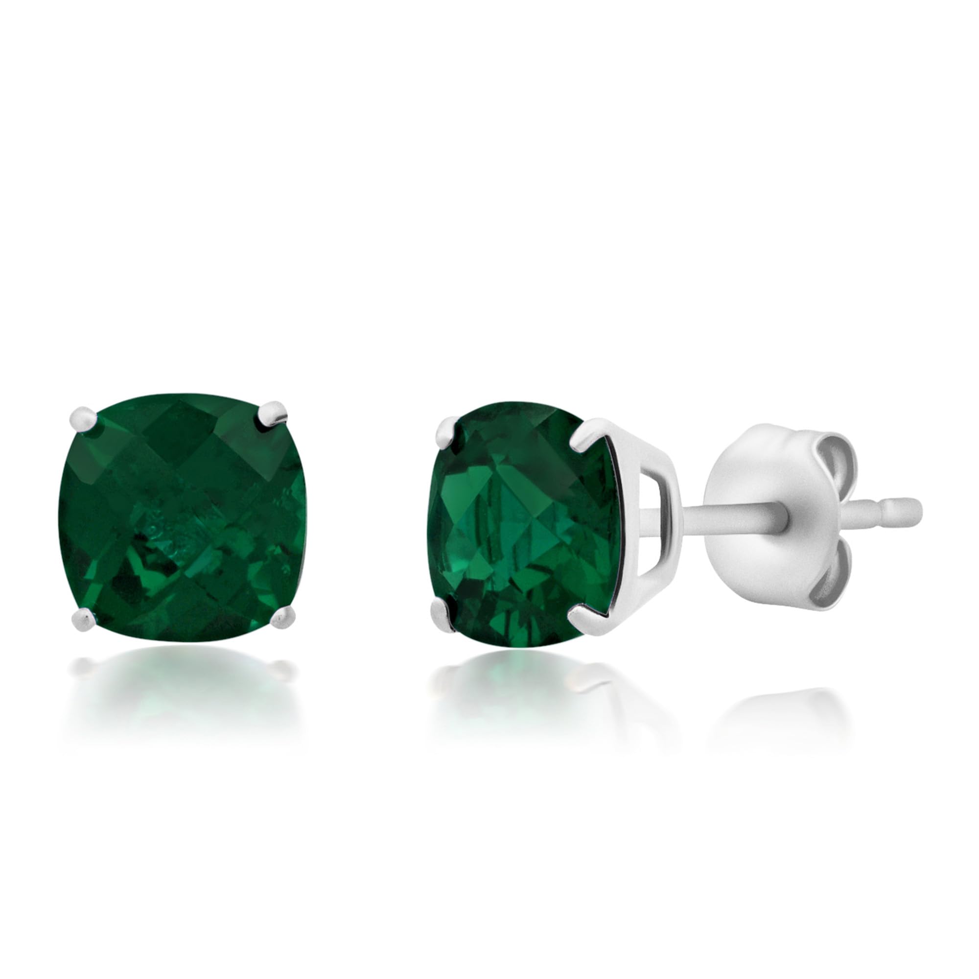 MAX + STONE 925 Sterling Silver 6mm Cushion Cut May Birthstone Created Emerald Stud Earrings for Women