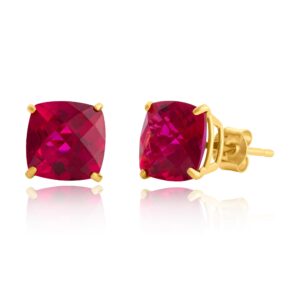 MAX + STONE 14k Yellow Gold 8mm Cushion Cut July Birthstone Created Ruby Stud Earrings for Women