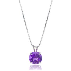 MAX + STONE 14k White Gold 8mm Cushion Cut February Birthstone Amethyst Solitaire Pendant Necklace for Women with 18 inch Box Chain