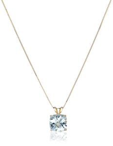 amazon essentials 14k yellow gold cushion checkerboard aquamarine pendant necklace (8mm) for womens (previously amazon collection)