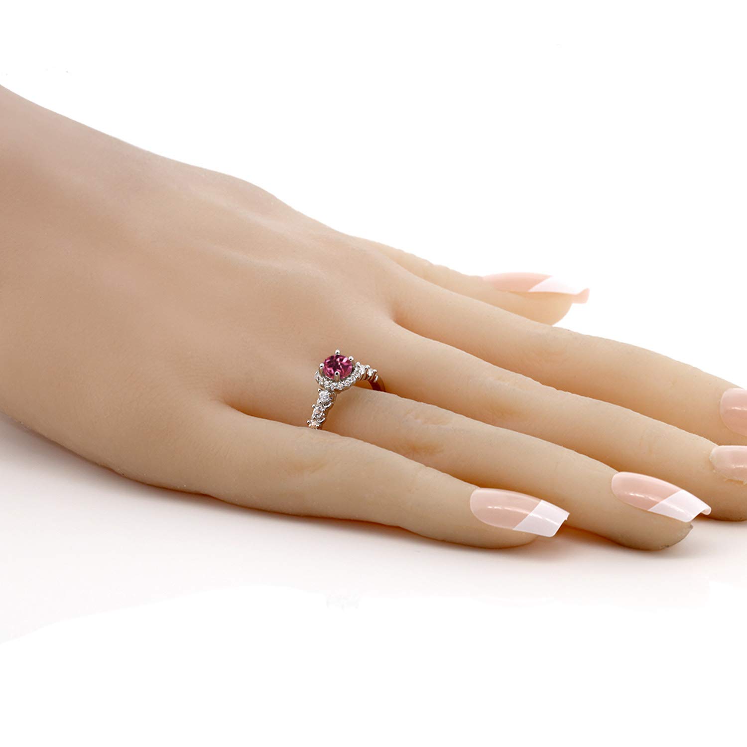 Gem Stone King 925 Sterling Silver Pink Tourmaline and White Created Sapphire Ring For Women (0.92 Cttw, Round 5MM, Gemstone Birthstone, Available In Size 5, 6, 7, 8, 9)