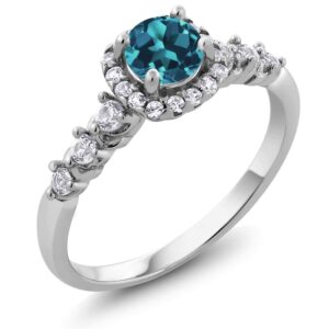 Gem Stone King 925 Sterling Silver Round London Blue Topaz and White Created Sapphire Engagement Ring For Women (1.12 Cttw, Round 5MM, Gemstone Birthstone, Available 5,6,7,8,9) (Size 8)