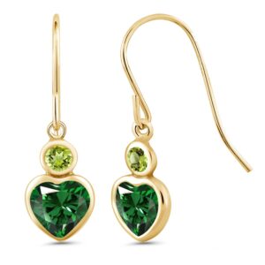 gem stone king 14k yellow gold green nano emerald and green peridot drop french wire earrings for women (1.10 cttw, gemstone may birthstone, heart shape 5mm, round 3mm)