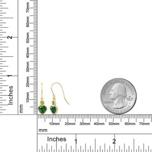 Gem Stone King 14K Yellow Gold Green Nano Emerald and Green Peridot Drop French Wire Earrings For Women (1.10 Cttw, Gemstone May Birthstone, Heart Shape 5MM, Round 3MM)