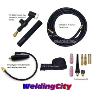 WeldingCity 150-amp WP-17FV (Flexible Head w/Gas Valve) Air-cooled TIG Welding Torch Complete Package with 25-ft Power Cable Hose and Dinse 35-50 (Solid 1/2"-pin) Cable Adapter (with Separate Gas)