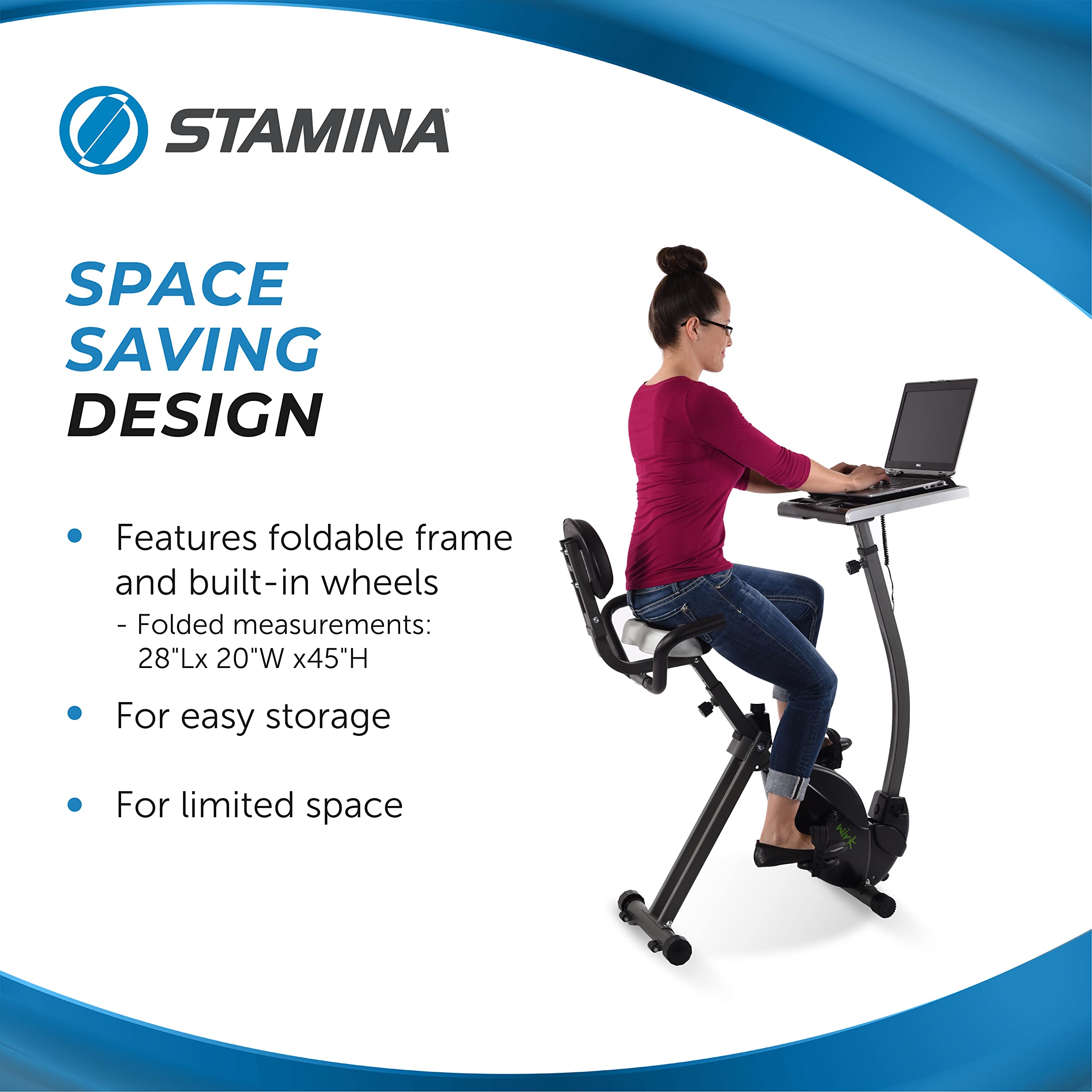 Stamina Wirk Ride Exercise Bike - Foldable Fitness Bike with Workstation and Standing Desk - Stationary Bike for Home Workout - Up to 250 Weight Capacity