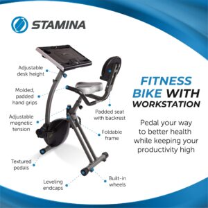 Stamina Wirk Ride Exercise Bike - Foldable Fitness Bike with Workstation and Standing Desk - Stationary Bike for Home Workout - Up to 250 Weight Capacity