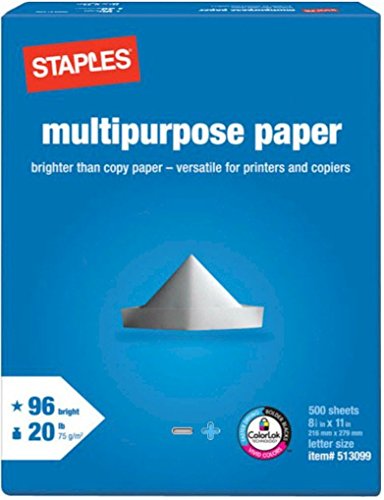 2 Pack: Staples Multipurpose Copy Fax Laser Inkjet Printer Paper, 8 1/2 Inch X 11 Letter Size, 20 Lb, 96 Bright White, Acid Free, Ream, 500 Sheets Each (1,000 Sheets Total)