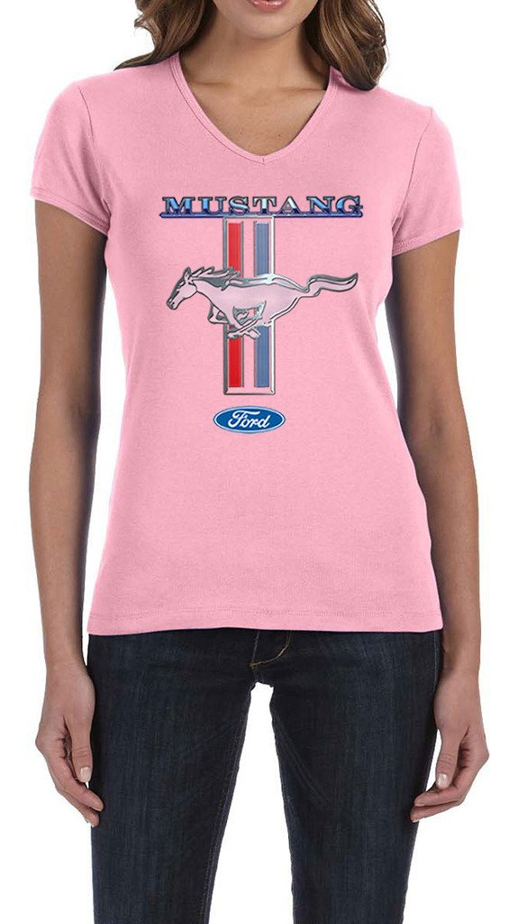 Ladies Ford Mustang Stripe V-Neck Shirt, Pink, 2XL