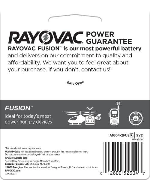 Rayovac Fusion 9V Batteries, Premium Alkaline 9V Battery (2 Count)