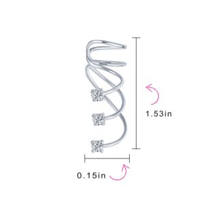 Triple Spiral CZ Curved Crawlers Wire Cubic Zirconia Cartilage Ear Cuff Pin Earring For Women Teen .925 Sterling Silver