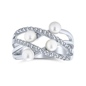 bling jewelry crossover criss cross stacking style fashion statement white simulated pearl band ring for women .925 sterling silver