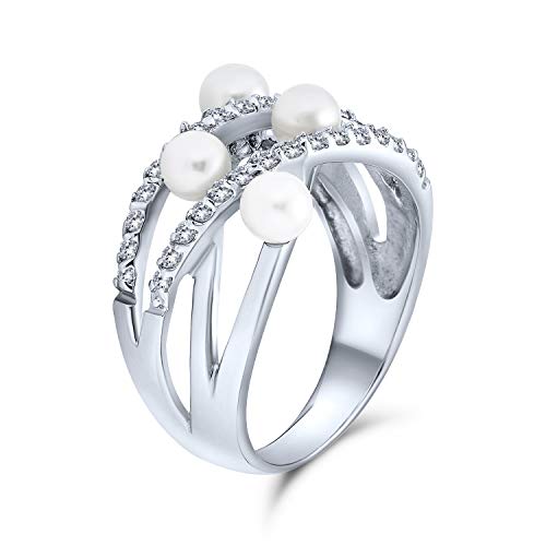 Bling Jewelry Crossover Criss Cross Stacking Style Fashion Statement White Simulated Pearl Band Ring For Women .925 Sterling Silver