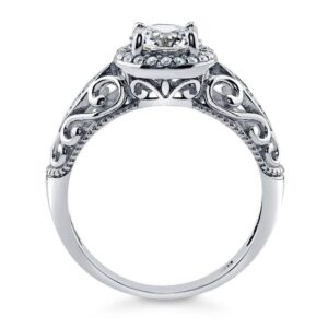 BERRICLE Sterling Silver Halo Wedding Engagement Rings Round Cubic Zirconia CZ Art Deco Ring for Women, Rhodium Plated Size 8