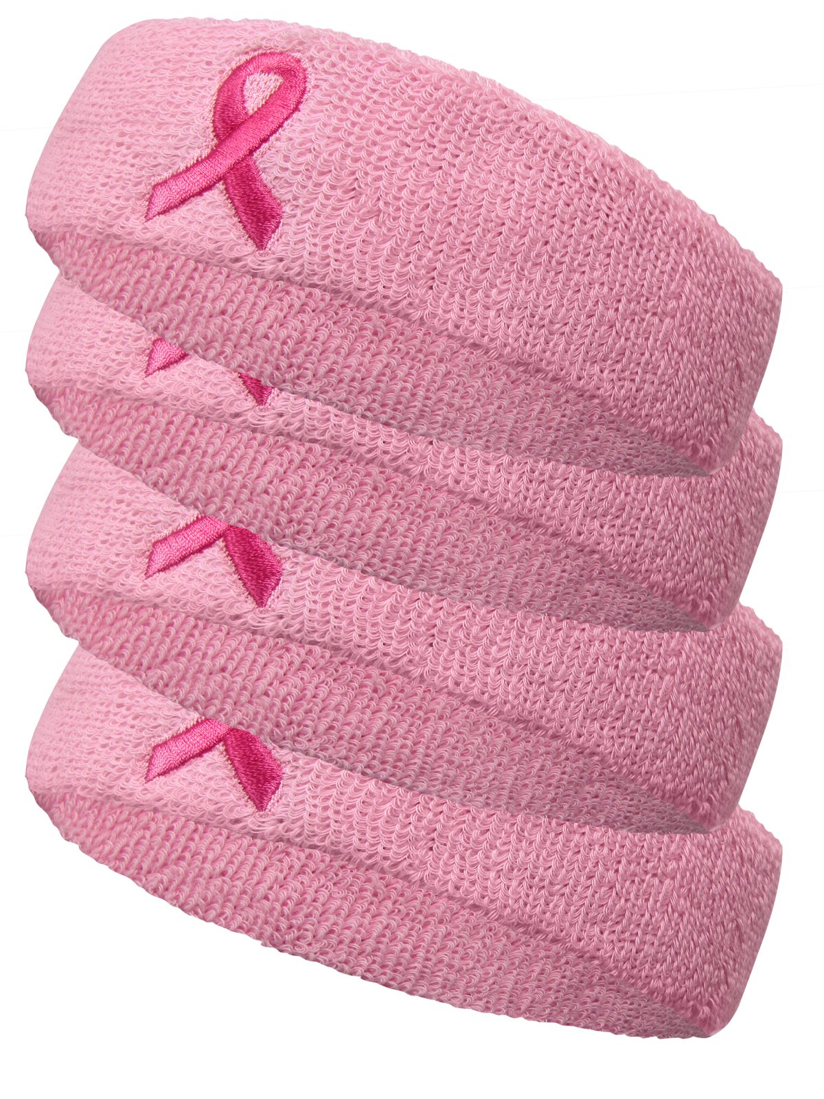 Couver Breast Cancer Awareness Terry Solid Color Headband/Sweatband - 4 Pieces(Light Pink with Ribbon)