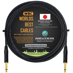 worlds best cables 10 foot - guitar bass instrument cable custom made using mogami 2524 wire and neutrik np2x-b ¼ inch (6.35mm) straight gold ts connectors