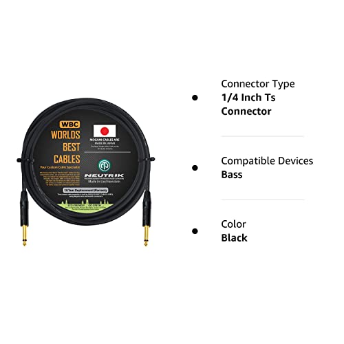 WORLDS BEST CABLES 10 Foot - Guitar Bass Instrument Cable CUSTOM MADE using Mogami 2524 wire and Neutrik NP2X-B ¼ Inch (6.35mm) Straight Gold TS Connectors