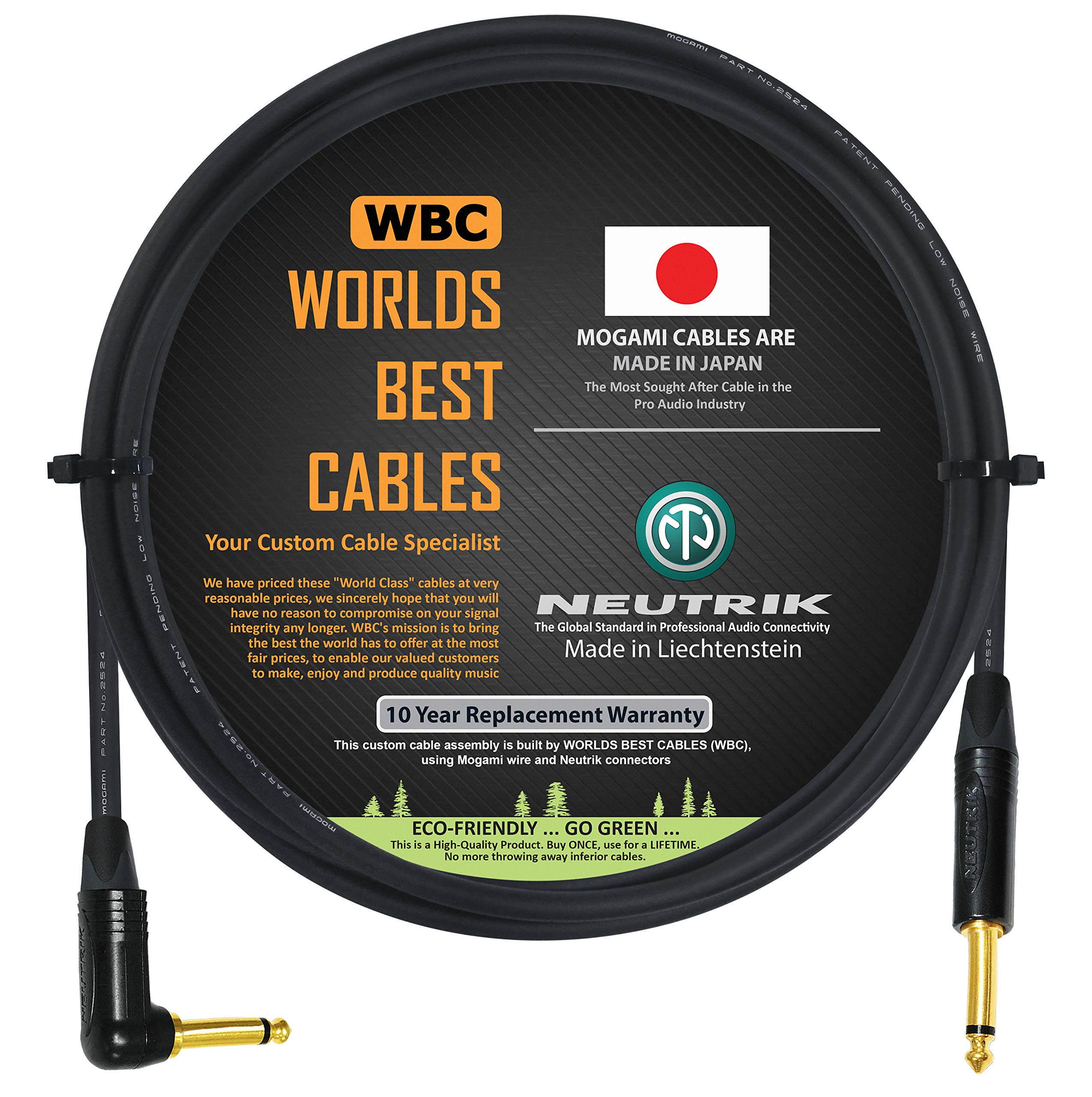 WORLDS BEST CABLES 6 Foot - Guitar Bass Instrument Cable CUSTOM MADE using Mogami 2524 wire and Neutrik NP2RX-B & NP2X-B ¼ Inch (6.35mm) Gold TS Connectors