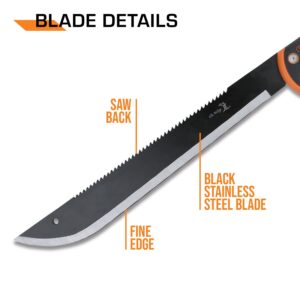 Elk Ridge - Outdoors Fixed Blade Machete - 21.5-in Overall, Black Reverse Serrated Stainless Steel Blade, Orange and Black Injection Molded Handle with Lanyard, Nylon Sheath, Camping, Hunting, Survival - ER-279S