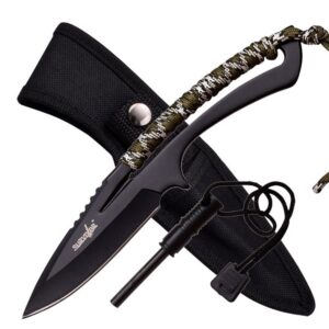 survivor hk-767ca fixed blade outdoor knife, black blade, cord-wrapped handle, 8-inch overall