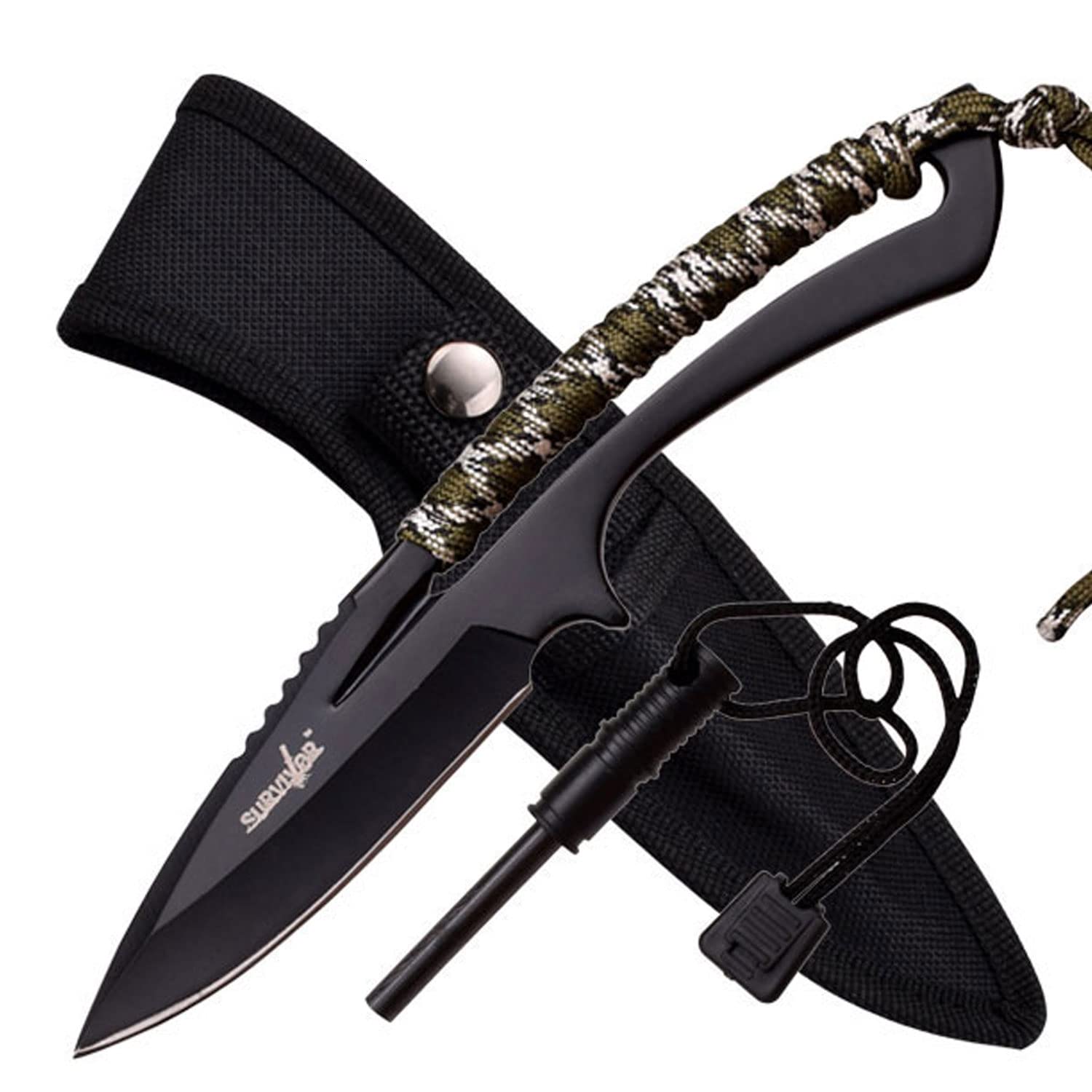 Survivor HK-767CA Fixed Blade Outdoor Knife, Black Blade, Cord-Wrapped Handle, 8-Inch Overall