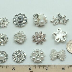 PEPPERLONELY Brand 12PC Mixed Style Acrylic Pearl Rhinestone Flat Back Alloy Metal Embellishments & Sew On Buttons 13/16~1-3/16 Inch