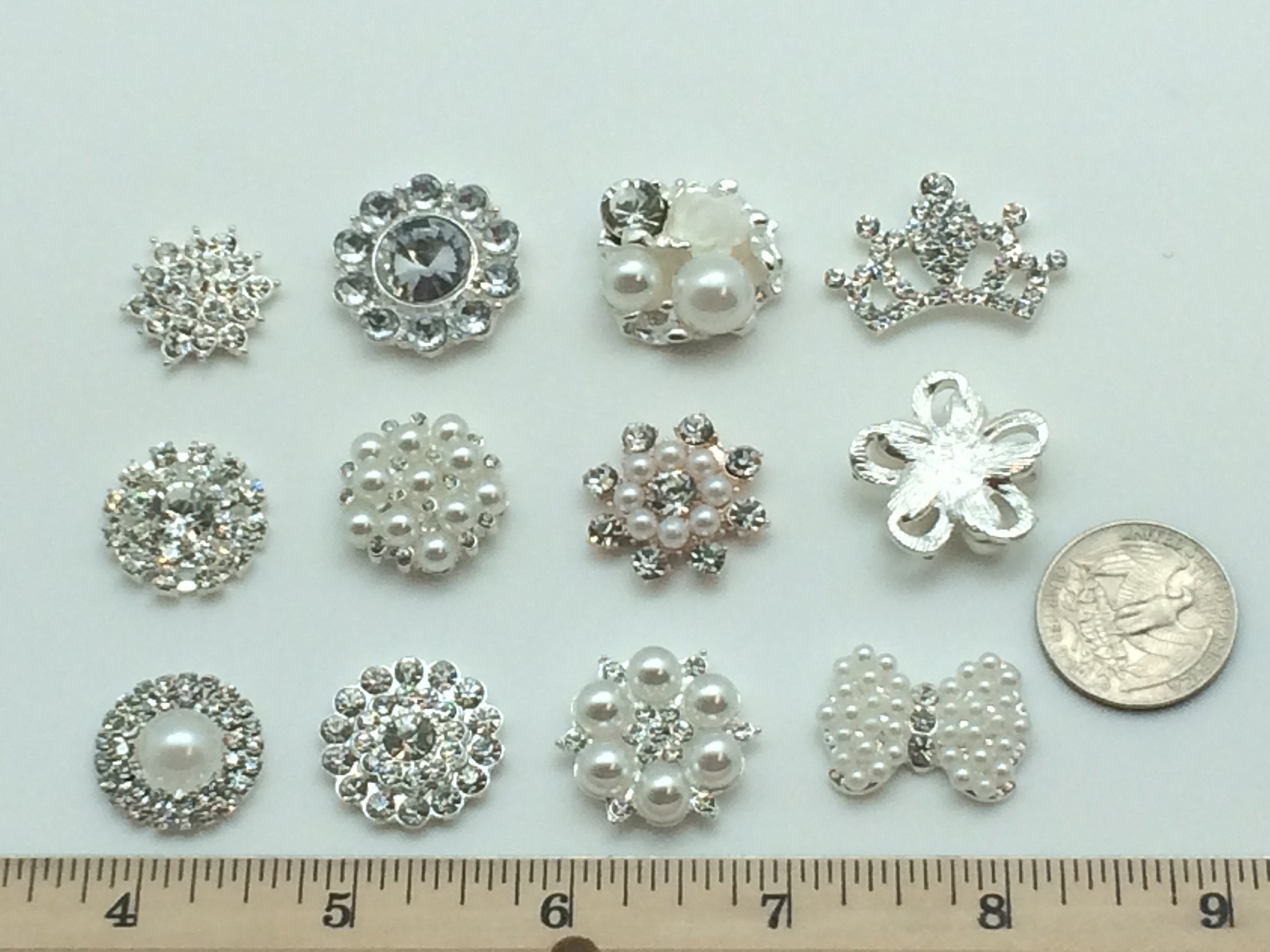 PEPPERLONELY Brand 12PC Mixed Style Acrylic Pearl Rhinestone Flat Back Alloy Metal Embellishments & Sew On Buttons 13/16~1-3/16 Inch