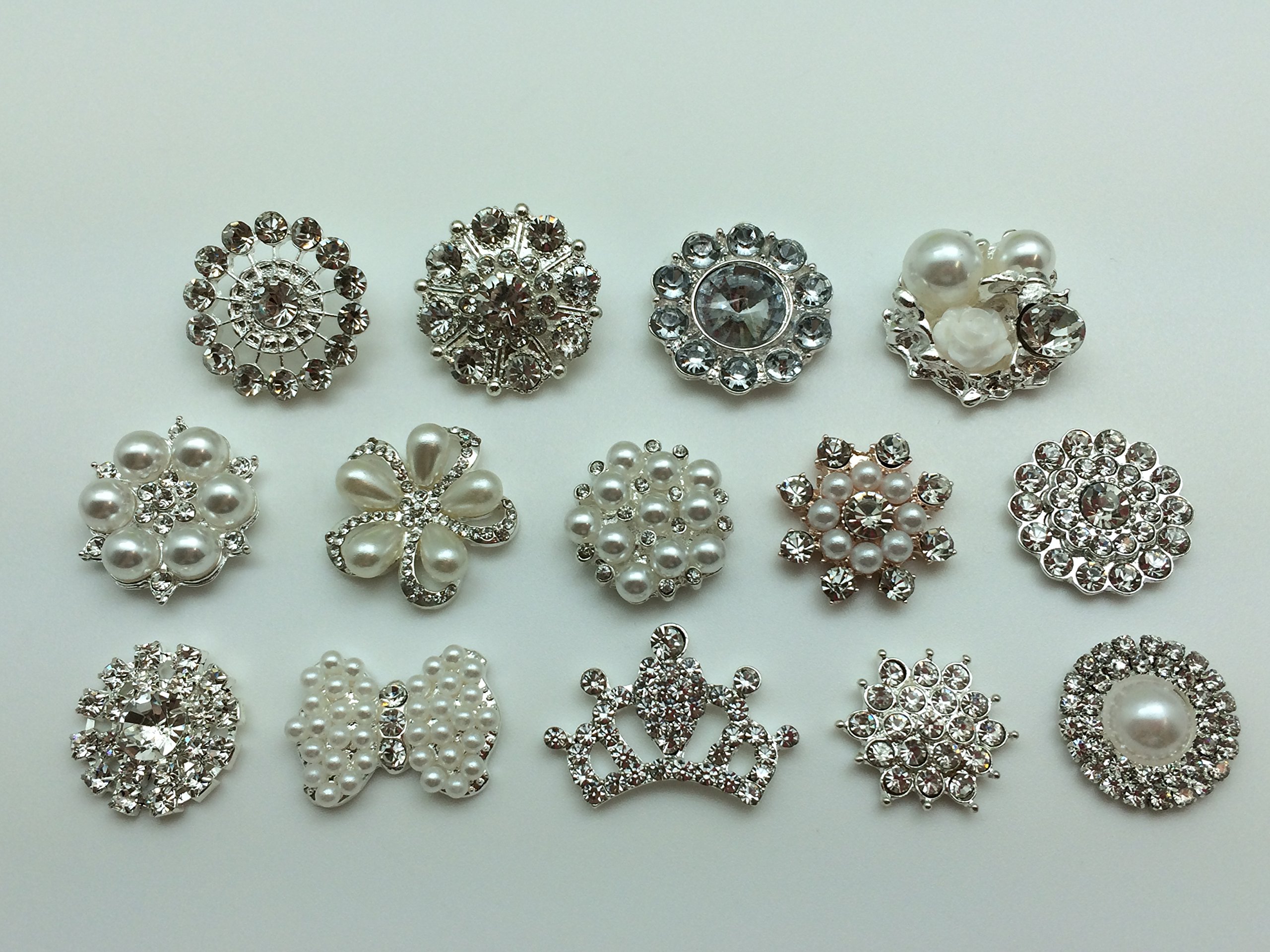 PEPPERLONELY Brand 12PC Mixed Style Acrylic Pearl Rhinestone Flat Back Alloy Metal Embellishments & Sew On Buttons 13/16~1-3/16 Inch