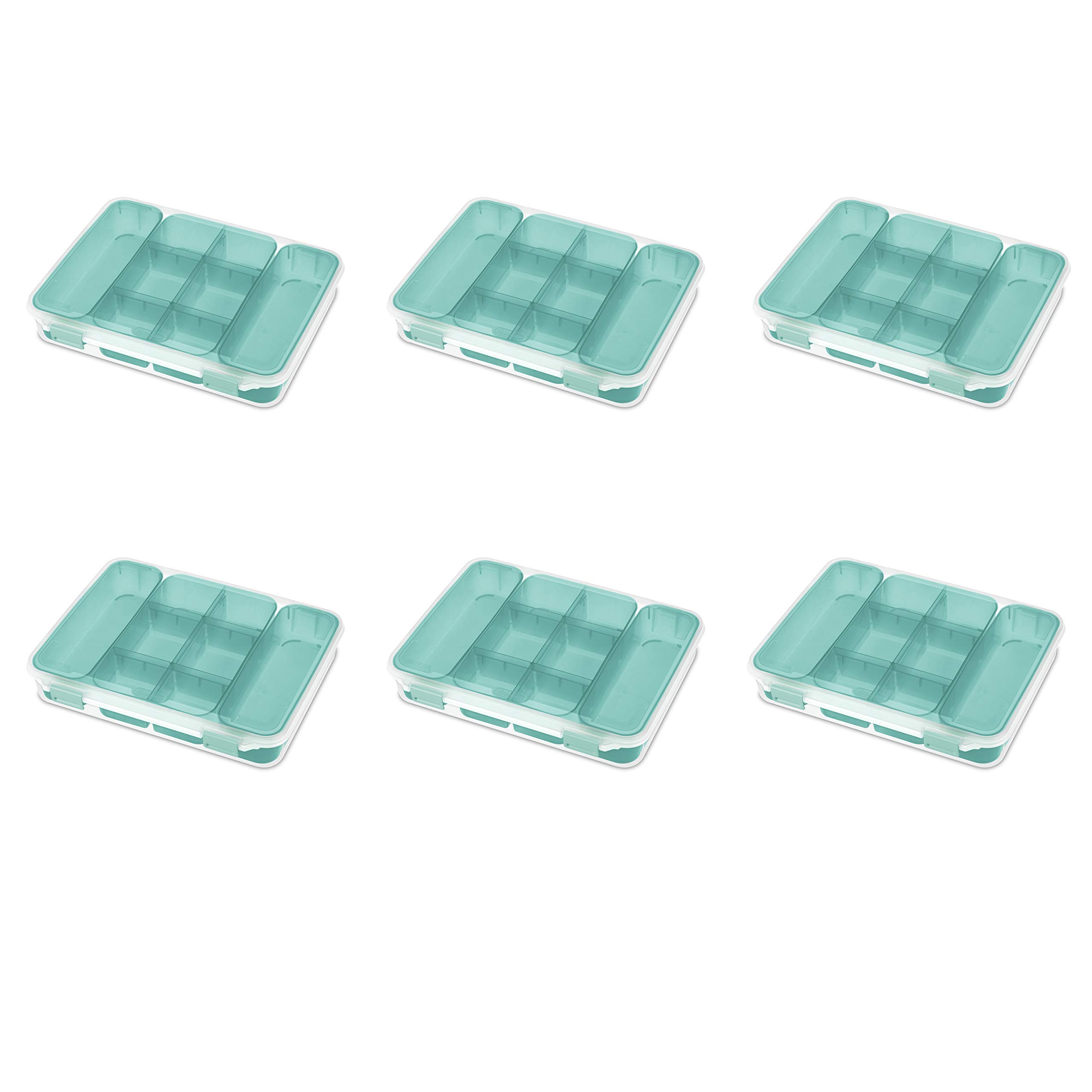 Sterilite Divided Case, Stackable Plastic Small Storage Container with Latch Lid, Organize Crafts, Small Hardware Items, Clear with Blue Trays, 6-Pack