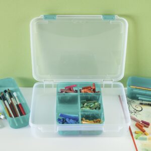 Sterilite Divided Case, Stackable Plastic Small Storage Container with Latch Lid, Organize Crafts, Small Hardware Items, Clear with Blue Trays, 6-Pack