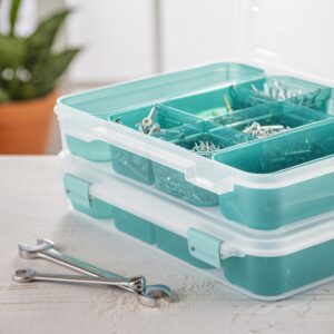 Sterilite Divided Case, Stackable Plastic Small Storage Container with Latch Lid, Organize Crafts, Small Hardware Items, Clear with Blue Trays, 6-Pack