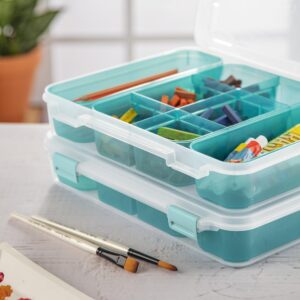 Sterilite Divided Case, Stackable Plastic Small Storage Container with Latch Lid, Organize Crafts, Small Hardware Items, Clear with Blue Trays, 6-Pack