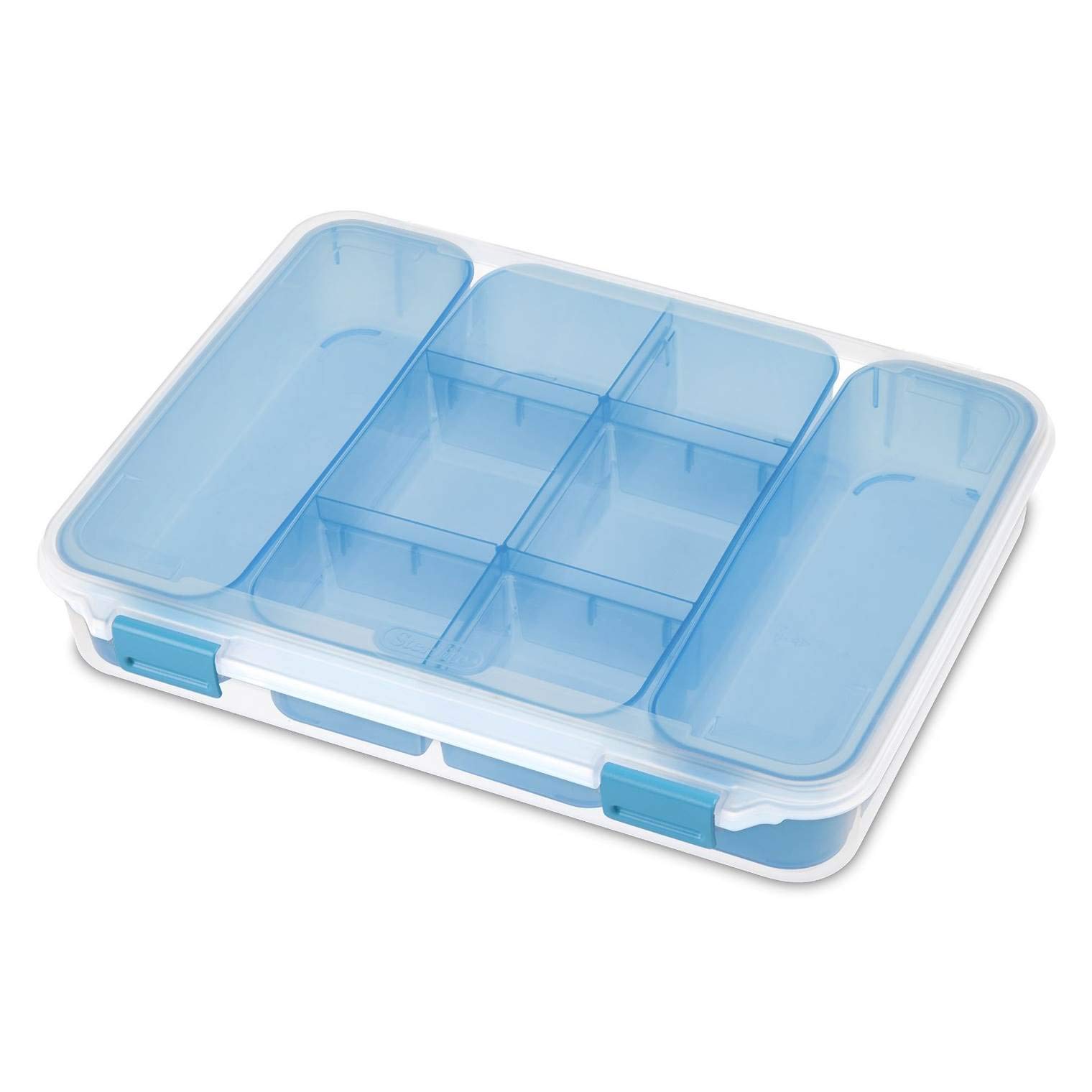 Sterilite Divided Case, Stackable Plastic Small Storage Container with Latch Lid, Organize Crafts, Small Hardware Items, Clear with Blue Trays, 6-Pack